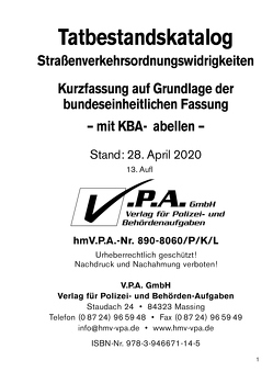 13. Ergänzungslieferung Bundeseinheitlichen Tatbestandskatalog Kurzfassung incl. KBA-Tabellen, Stand April 2020 von V.P.A. GmbH