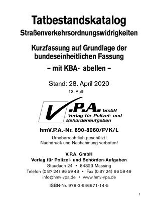 13. Ergänzungslieferung Bundeseinheitlichen Tatbestandskatalog Kurzfassung incl. KBA-Tabellen, Stand April 2020 von V.P.A. GmbH