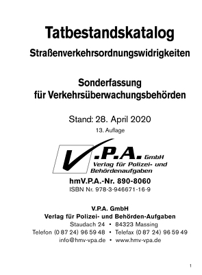 13. Ergänzungslieferung zum Bundeseinheitlicher Tatbestandskatalog, Sonderfassung für Verkehrsüberwachung von V.P.A. GmbH