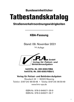 14. Ergänzung zum Bundeseinheitlichen Tatbestandskatalog, KBA-Langfassung, Stand 09. November 2021 von V.P.A. GmbH