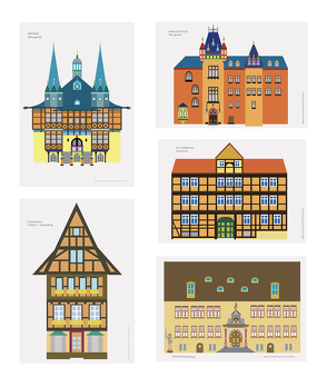 5 Kunstpostkarten Motive doppelt im Set aus der Edition »graphic art of architecture« von Grubert,  Harry