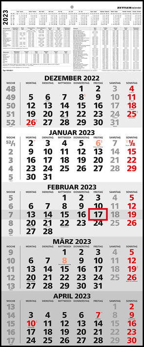 5-Monatskalender 2023 – Büro-Kalender 30×71,8 cm (geöffnet) – mit Datumsschieber – Zettler – 971-0011