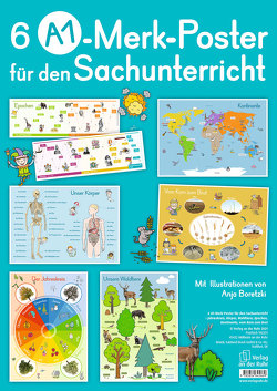 6 A1-Merk-Poster für den Sachunterricht – Jahreskreis, Körper, Waldtiere, Epochen, Kontinente, vom Korn zum Brot von Boretzki,  Anja