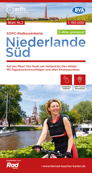 ADFC-Radtourenkarte NL 2 Niederlande Süd 1:150.000, reiß- und wetterfest, E-Bike geeignet, GPS-Tracks Download, mit Knotenpunkten, mit Bett+Bike Symbolen, mit Kilometer-Angaben