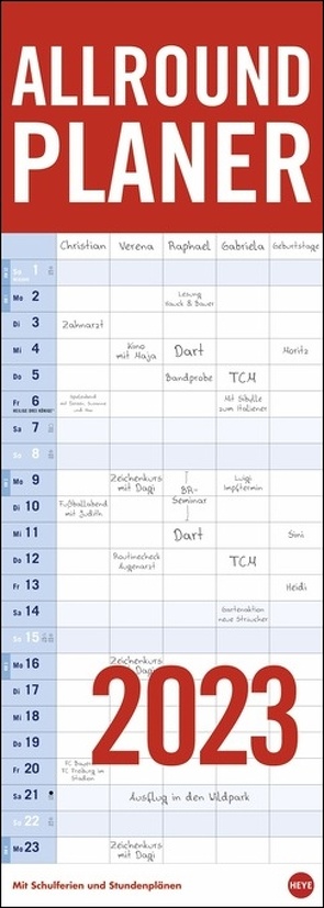 Allround-Familienplaner Vertical 2023. Praktischer Wandplaner mit 5 Spalten. Großer Familien-Wandkalender mit Schulferien und 3-Monats-Ausblick. Terminkalender 2023 von Heye