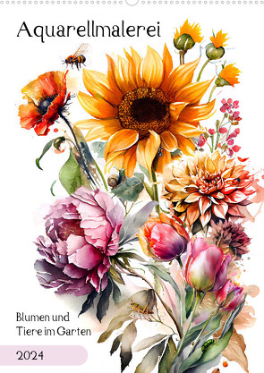 Aquarellmalerei – Blumen und Tiere im Garten (Wandkalender 2024 DIN A2 hoch) von Frost,  Anja