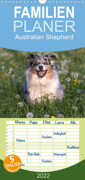 Familienplaner Australian Shepherd (Wandkalender 2022 , 21 cm x 45 cm, hoch) von Mirsberger www.tierpfoto.de,  Annett