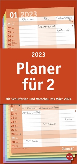 Basic Planer für zwei 2023. Praktischer Wandplaner für 2 mit 3 Spalten. Wandkalender mit Schulferien und 3-Monats-Ausblick. Terminkalender 2023 zum Eintragen von Heye