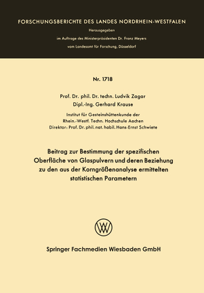 Beitrag zur Bestimmung der spezifischen Oberfläche von Glaspulvern und deren Beziehung zu den aus der Korngrößenanalyse ermittelten statistischen Parametern von Žagar,  Ludvik