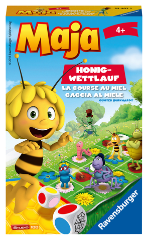 Ravensburger 23407 – Biene Maja: Honig-Wettlauf, Mitbringspiel für 2-5 Spieler, Kinderspiel ab 4 Jahren, kompaktes Format, Reisespiel, Brettspiel von Burkhardt,  Günter