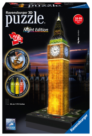 Ravensburger 3D Puzzle Big Ben bei Nacht 12588 – Das berühmte Bauwerk als Night Edition mit LED