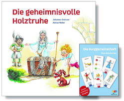 Buch „Die geheimnisvolle Holztruhe“ und Charakterkarten von Greisser,  Johannes, Weber,  Adrian