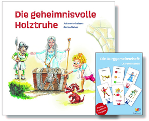 Buch „Die geheimnisvolle Holztruhe“ und Charakterkarten von Greisser,  Johannes, Weber,  Adrian