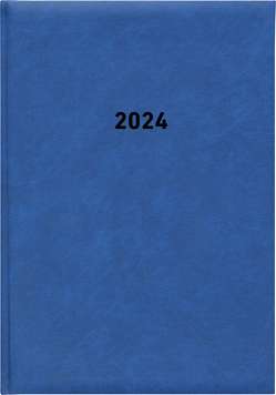 Buchkalender blau 2024 – Bürokalender 14,5×21 cm – 1 Tag auf 1 Seite – wattierter Kunststoffeinband – Stundeneinteilung 7 – 19 Uhr – 876-0015