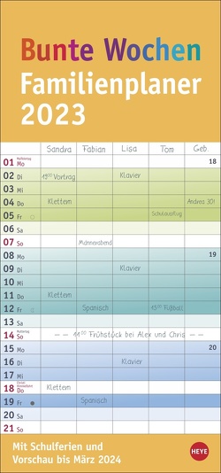Bunte Wochen-Familienplaner 2023. Praktischer Wandplaner mit 5 Spalten. Familien Wandkalender mit Schulferien und 3-Monats-Ausblick. Terminkalender 2023 von Heye