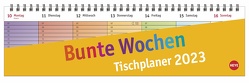 Bunte Wochen Wochenquerplaner 2023. Übersichtlicher Umklapp-Kalender 2023 mit farbig markierten Tagen. Tisch-Kalender für Schreibtisch. von Heye