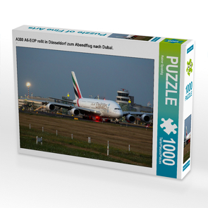 CALVENDO Puzzle A380 A6-EOP rollt in Düsseldorf zum Abendflug nach Dubai. 1000 Teile Lege-Größe 64 x 48 cm Foto-Puzzle Bild von Rainer Spoddig