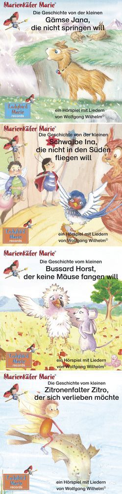 Die Geschichte von der kleinen Gämse Jana, die nicht springen will. / Die Geschichte von der kleinen Schwalbe Ina, die nicht in den Süden fliegen will. / Die Geschichte vom kleinen Bussard Horst, der keine Mäuse fangen will / Die Geschichte vom kleinen Zitronenfalter Zitro, der sich verlieben möchte. von Ladybird Marie records, Marienkäfer Marie Kinderbuchverlag, Wilhelm,  Wolfgang, Winkler,  Ingmar