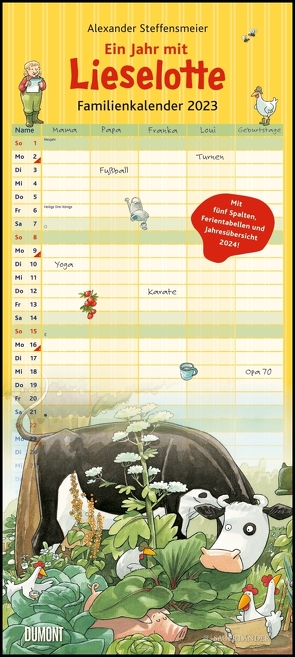 Die Kuh Lieselotte Familienkalender 2023 – Von Alexander Steffenmeier – Familienplaner mit 5 Spalten – Format 22 x 49,5 cm von Steffensmeier,  Alexander