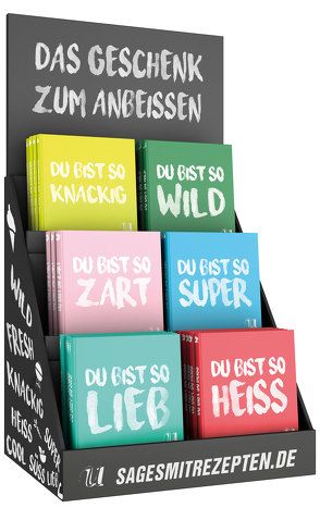 Display zur Geschenkbuchreihe „Sag es mit Rezepten“