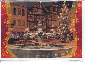 Winter- Doppelkarte B6 “ Marktbrunnen im Schneeggestöber “ mit Umschlag von Frühauf,  Wolfgang