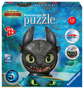 Ravensburger 3D Puzzle 11145 – Puzzle-Ball Dragons 3 Ohnezahn mit Ohren- 72 Teile – Puzzle-Ball für Fans von Dragons ab 6 Jahren