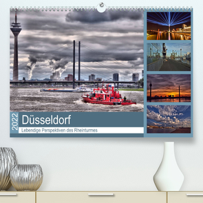 Düsseldorf – Lebendige Perspektiven des Rheinturmes (Premium, hochwertiger DIN A2 Wandkalender 2022, Kunstdruck in Hochglanz) von Hackstein,  Bettina