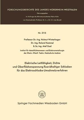 Elektrische Leitfähigkeit, Dichte und Oberflächenspannung fluoridhaltiger Schlakken für das Elektroschlacke-Umschmelzverfahren von Winterhager,  Helmut