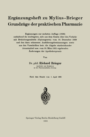 Ergänzungsheft zu Mylius-Brieger Grundzüge der praktischen Pharmazie von Brieger,  Richard