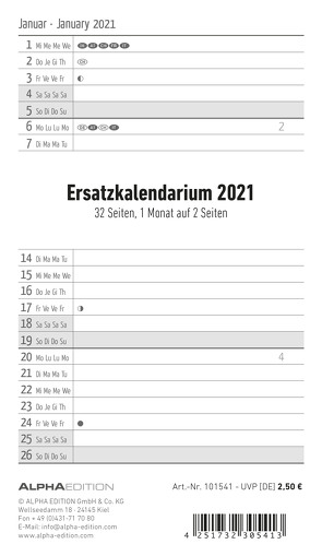 Ersatzkalendarium für Taschenplaner 2021 – Büro-Kalender – 9,5×16 cm – 32 Seiten – Alpha Edition