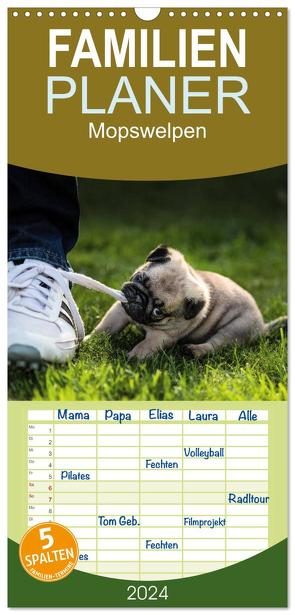 Familienplaner 2024 – Mopswelpen mit 5 Spalten (Wandkalender, 21 x 45 cm) CALVENDO von Dodeck,  Ole