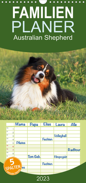 Familienplaner Australian Shepherd – Hütehunde mit Familienanschluss (Wandkalender 2023 , 21 cm x 45 cm, hoch) von Mielewczyk,  Barbara