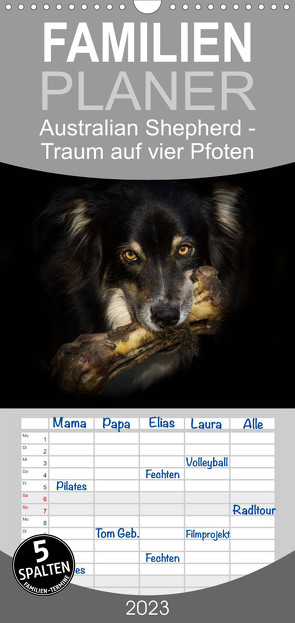 Familienplaner Australian Shepherd – Traum auf vier Pfoten (Wandkalender 2023 , 21 cm x 45 cm, hoch) von Mayer Tierfotografie,  Andrea