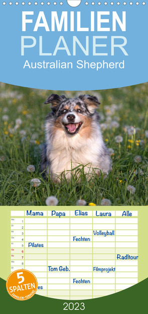 Familienplaner Australian Shepherd (Wandkalender 2023 , 21 cm x 45 cm, hoch) von Mirsberger www.tierpfoto.de,  Annett