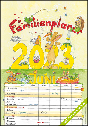 Familienplaner Cartoon 2023 – Bildkalender 23,7×34 cm – 6 Spalten – Kalender mit Platz für Notizen – mit vielen Zusatzinformationen – Wandkalender