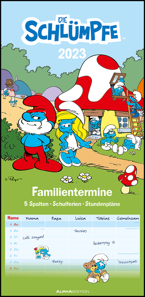 Familienplaner Die Schlümpfe 2023 – Familien-Timer 22×45 cm – mit Ferienterminen – 5 Spalten – Wandplaner – viele Zusatzinformationen – Alpha Edition