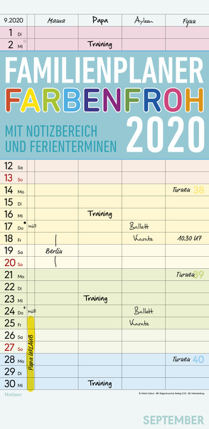 Familienplaner Farbenfroh 2020 – mit 4 Spalten – Offset-Papier – Familienkalender – Familientimer (22 x 45) – mit Ferienterminen – Wandplaner von ALPHA EDITION