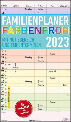 Familienplaner Farbenfroh 2023 mit 5 Spalten – Familienkalender 26×45 cm – Offset-Papier – mit Ferienterminen – Wandkalender – Wandplaner