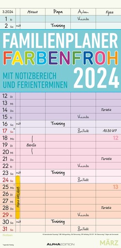 Familienplaner Farbenfroh 2024 mit 4 Spalten – Familien-Timer 22×45 cm – Offset-Papier – mit Ferienterminen – Wand-Planer – Familienkalender – Alpha Edition