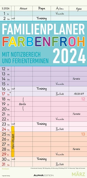 Familienplaner Farbenfroh 2024 mit 4 Spalten – Familien-Timer 22×45 cm – Offset-Papier – mit Ferienterminen – Wand-Planer – Familienkalender – Alpha Edition