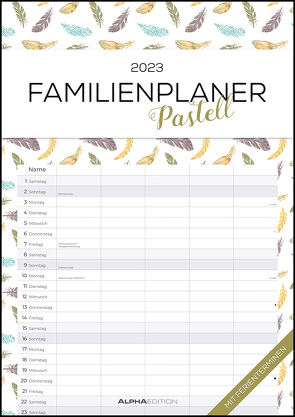 Familienplaner Pastell 2023 – Familienkalender A3 (29,7×42 cm) – mit 5 Spalten, Ferienterminen (DE/AT/CH) und viel Platz für Notizen – Wandkalender