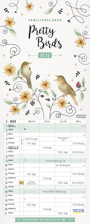 Familienplaner Pretty Birds 2022 von Büdinger,  Mo, Korsch Verlag