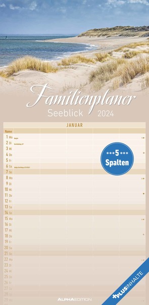 Familienplaner Seeblick 2024 – Familien-Timer 22×45 cm – mit Ferienterminen – 5 Spalten – Wand-Planer – mit vielen Zusatzinformationen – Alpha Edition