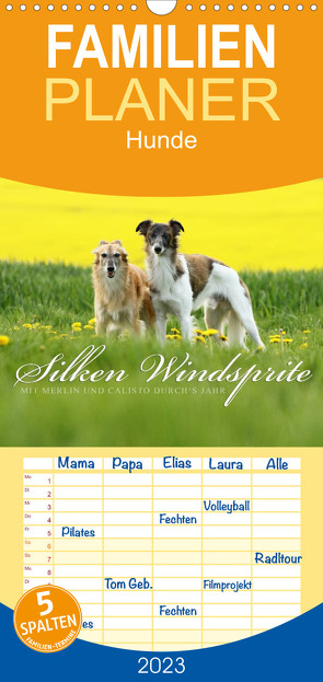 Familienplaner Silken Windsprite – Mit Merlin und Calisto durch´s Jahr 2023 (Wandkalender 2023 , 21 cm x 45 cm, hoch) von Mueller GoldenMerlo.de,  Maike