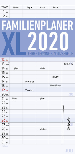 Familienplaner XL 2020 mit 5 Spalten – Offset-Papier – Familienkalender – Familientimer (22 x 45) – mit Ferienterminen – 5 Spalten – Wandplaner von ALPHA EDITION