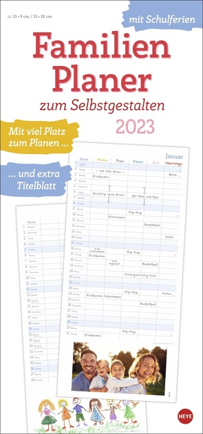 Familienplaner 2023 zum Selbstgestalten. Blanko-Kalender zum Basteln mit extra Titelblatt für eine persönliche Gestaltung und viel Platz für Notizen. Familien-Kalender 2023. 21x45cm von Heye