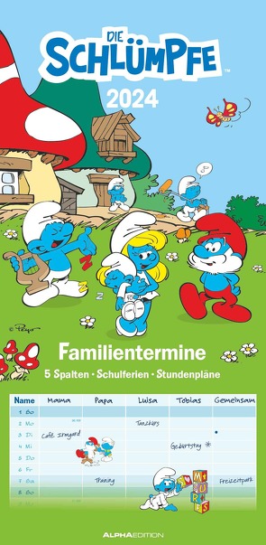 Familientermine Die Schlümpfe 2024 – Familien-Timer 22×45 cm – mit Ferienterminen – 5 Spalten – Wandplaner – viele Zusatzinformationen – Alpha Edition