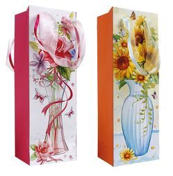 Flaschen-Geschenktasche Blumen mit Organza-Band