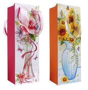 Flaschen-Geschenktasche Blumen mit Organza-Band