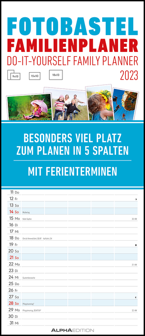 Foto-Bastel-Familienplaner 2023 – Bastelkalender zum Aufhängen – 19,5×45 cm – datiert – mit 5 Spalten – Fotokalender – Familienkalender – Wandkalender